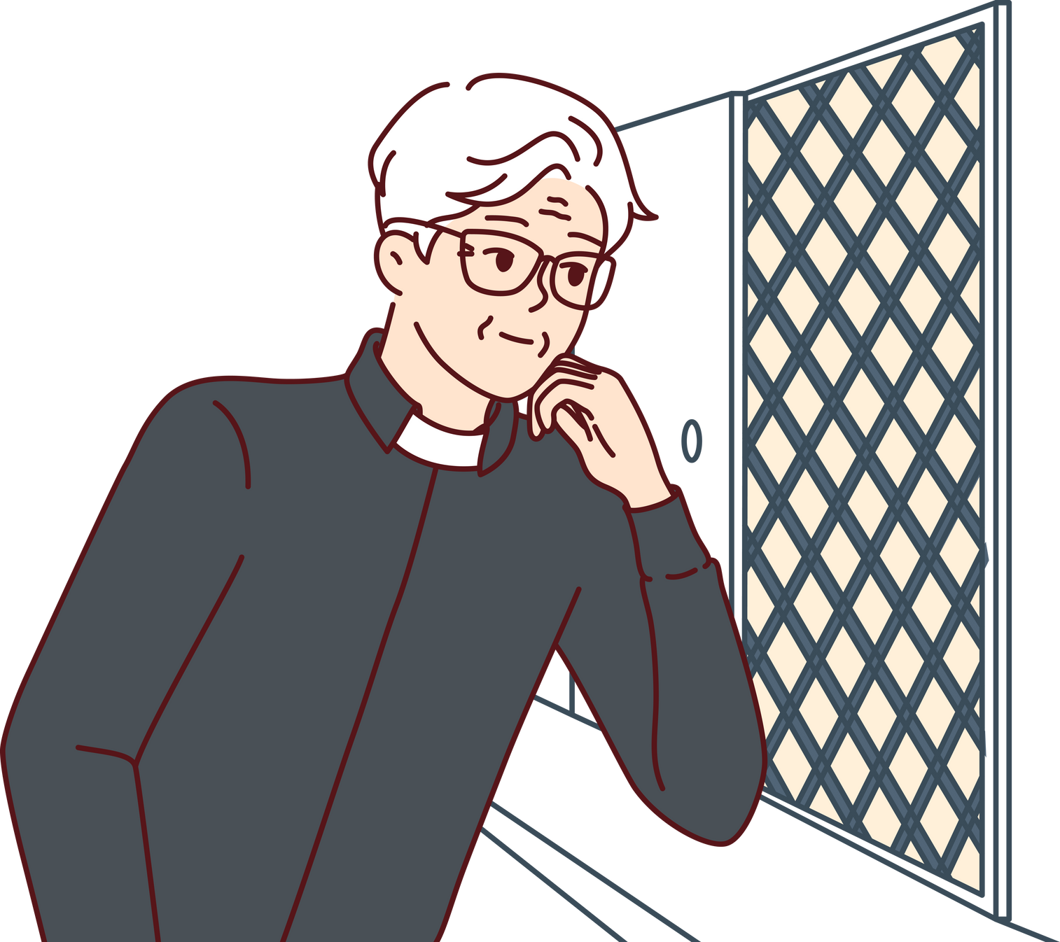 Man catholic priest listens to confession, located in church in room with mesh wall. Elderly christian minister conducts confession procedure, allowing parishioners to remove burden from souls